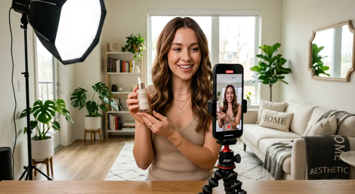 Creator filming ecommerce product content for an AI UGC workflow