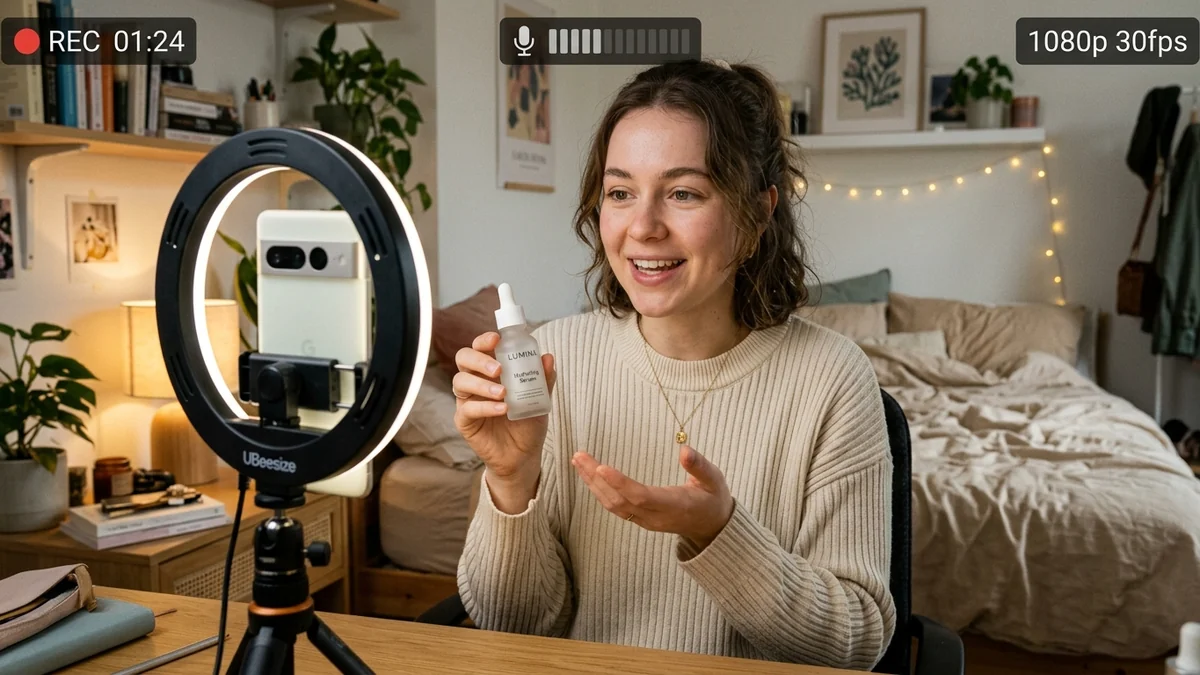 UGC creator filming a product review on phone with ring light &mdash; AI UGC workflow