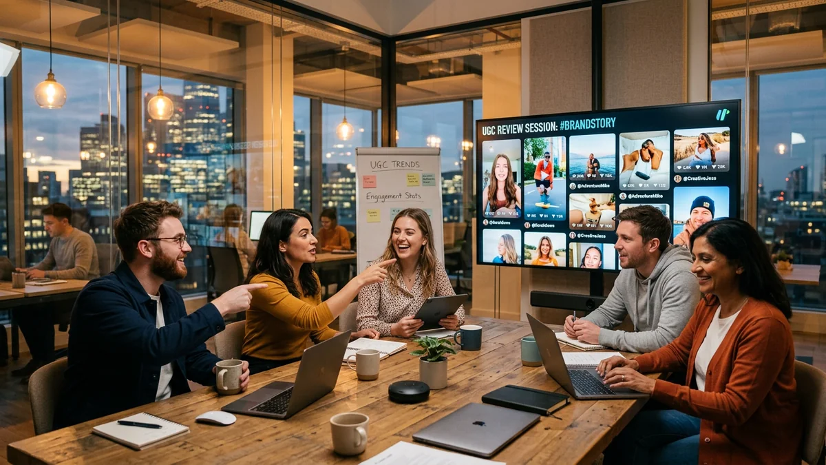 Brand marketing team reviewing UGC campaign performance &mdash; AI UGC vs traditional UGC comparison
