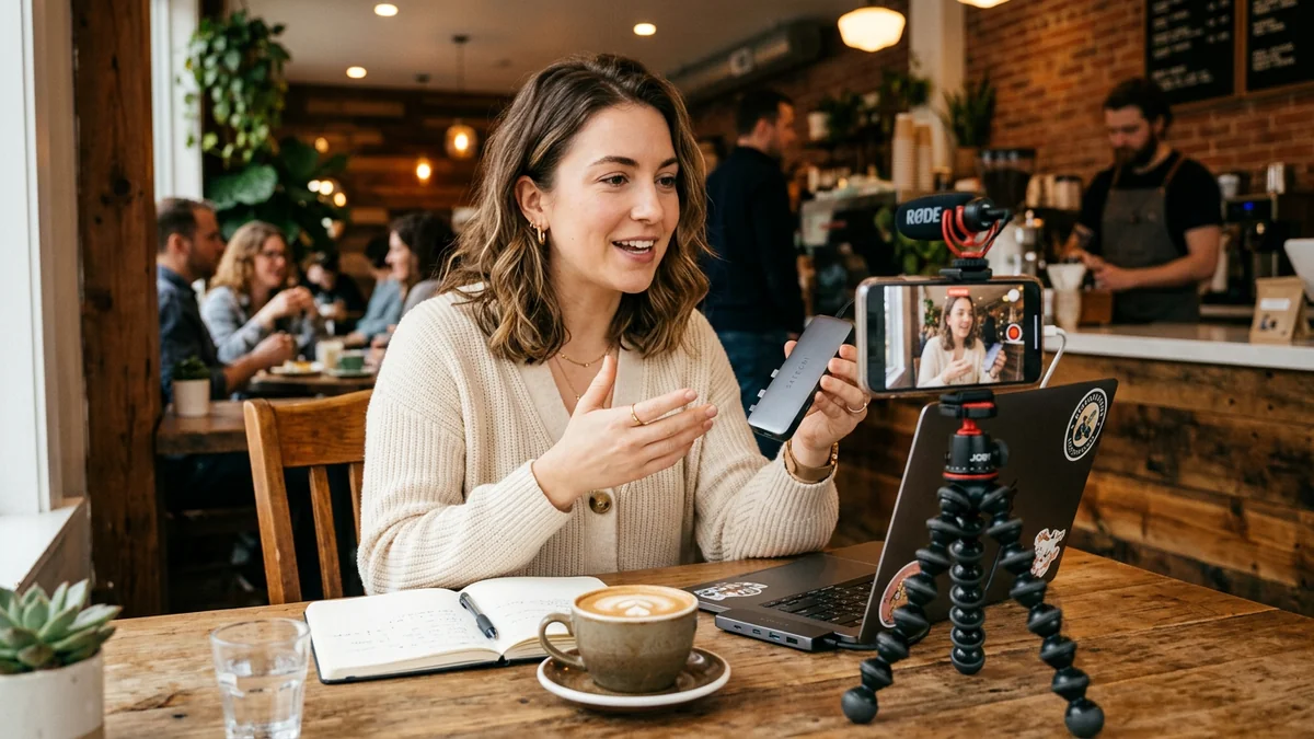 Creator producing UGC content on phone tripod in modern cafe &mdash; top AI UGC platforms 2026