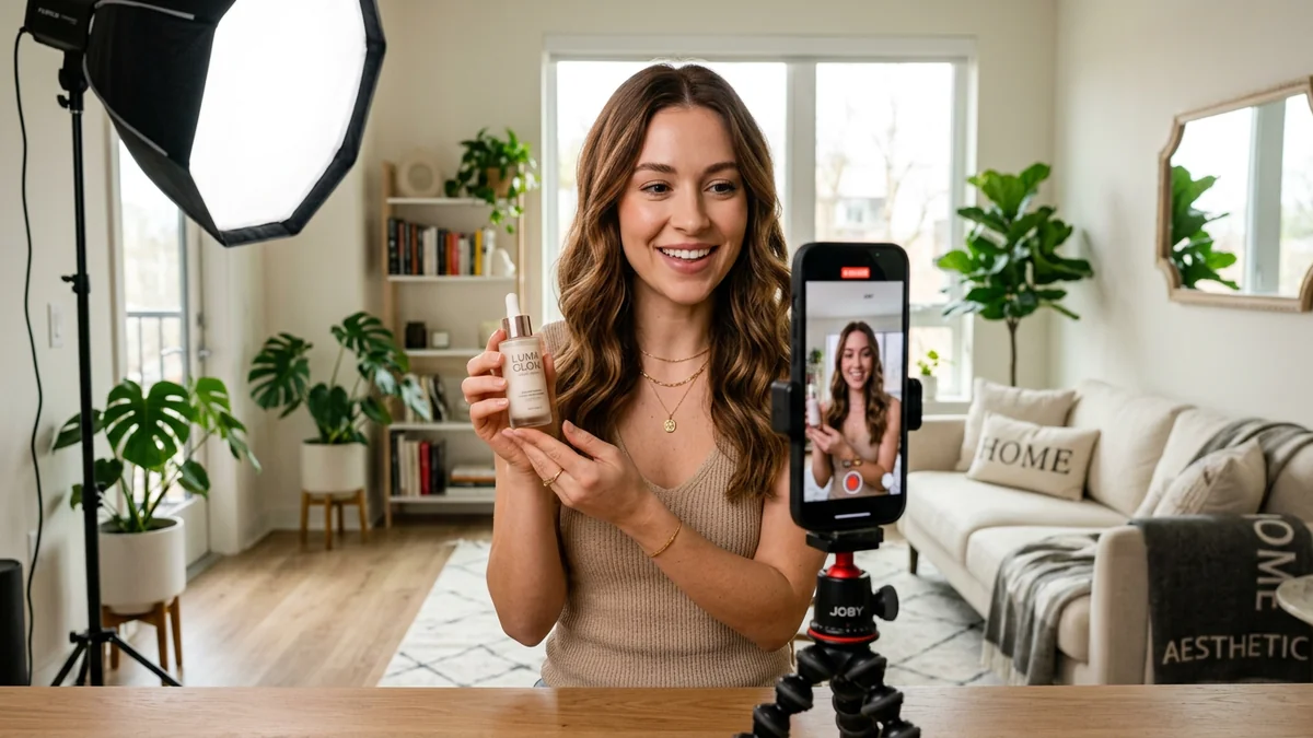New UGC creator filming product in warm home studio &mdash; how to become a UGC creator